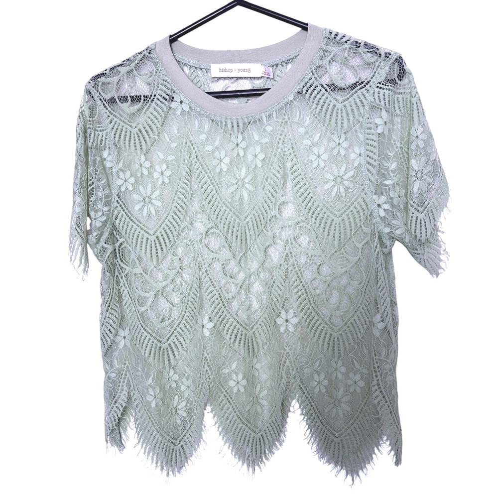 Anthropologie Bishop + Young Sheer Genius lace crop fringe tee green L romantic